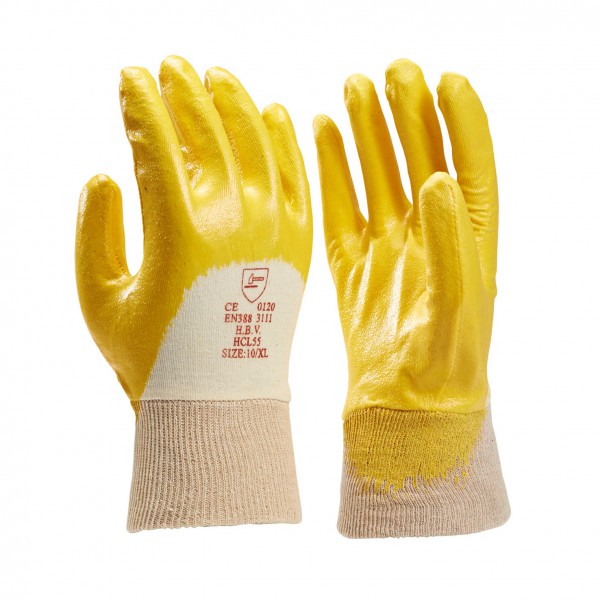 NBR light gecoate handschoen geel, ventilerende rug, tricot boord